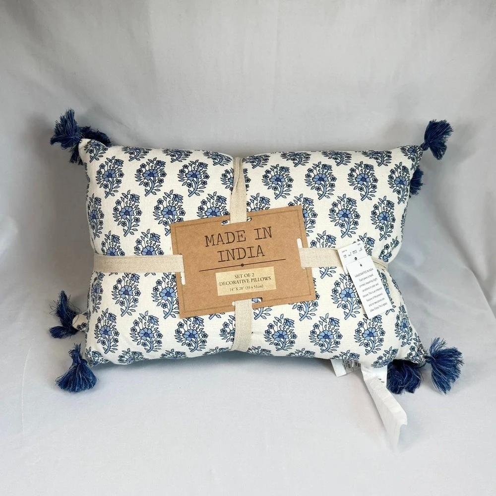 Poornima Handicraft Floral Block Print Lumbar Pillows Tassel Set of 2, 14x20